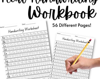 May include: A handwriting workbook with the title "Neat Handwriting Workbook" and the text "56 Different Pages!" is displayed. The workbook includes handwriting worksheets with the alphabet and a hand holding a yellow pencil.