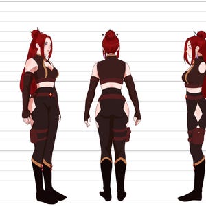 Puede incluir: Una hoja de referencia de personaje para Rose, con cuatro vistas de una figura con cabello largo rojo en un moño, vistiendo un top sin mangas negro y marrón oscuro, pantalones a juego con aberturas, calentadores y botas, con texto.