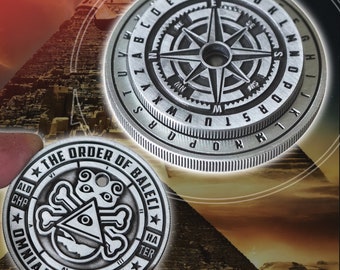 Caeser's Cipher Wheel Coin Set of 2, Spinnable, Wearable, Mystery Decoder Wheel Dice Coin in Antique Silver, Vegvísir Compass