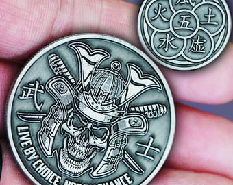 Miyamoto Musashi Challenge Coin – Book of Five Rings Collectible, Ant. Zilveren samoeraistrijder EDC-token, Japans zwaard meestermuntcadeau