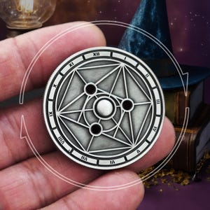 Philosopher&#39;s Stone Spinning Coin: Antique Silver D6 D9 D12 Dice Pendant