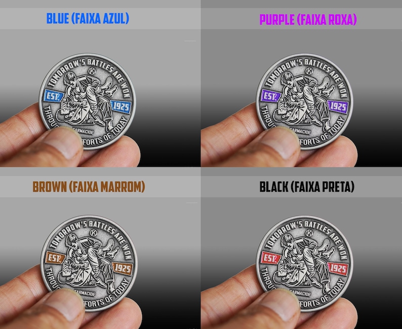 May include: A collection of silver-colored coins, each featuring a detailed illustration of two figures engaged in combat. The coins have text that reads "Tomorrow's Battles Are Won Through Forts of Today" and "Est. 1925". Each coin has a different colored border: blue, purple, brown, and black.