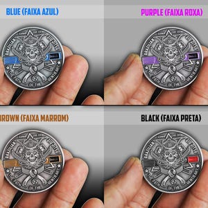 May include: A collection of silver-colored Brazilian Jiu-Jitsu challenge coins, each featuring a skull design with a samurai helmet and crossed swords. The coins have colored stripes: blue, purple, brown, and black. Text includes "Brazilian Jiu-Jitsu" and "The Path of the Gentle Art."