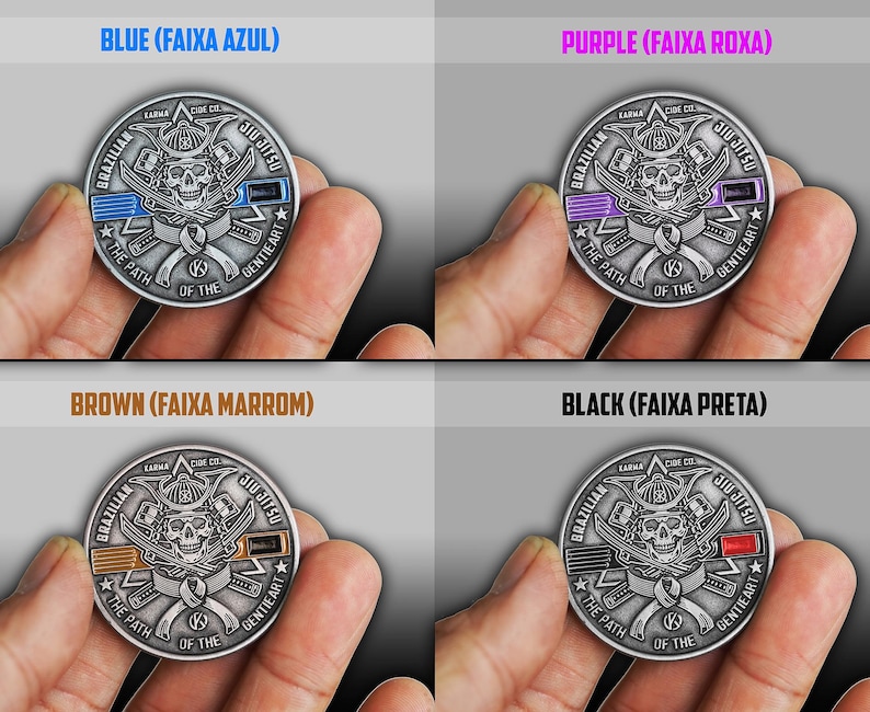 May include: A collection of silver-colored Brazilian Jiu-Jitsu challenge coins, each featuring a skull design with a samurai helmet and crossed swords. The coins have colored stripes: blue, purple, brown, and black. Text includes "Brazilian Jiu-Jitsu" and "The Path of the Gentle Art."