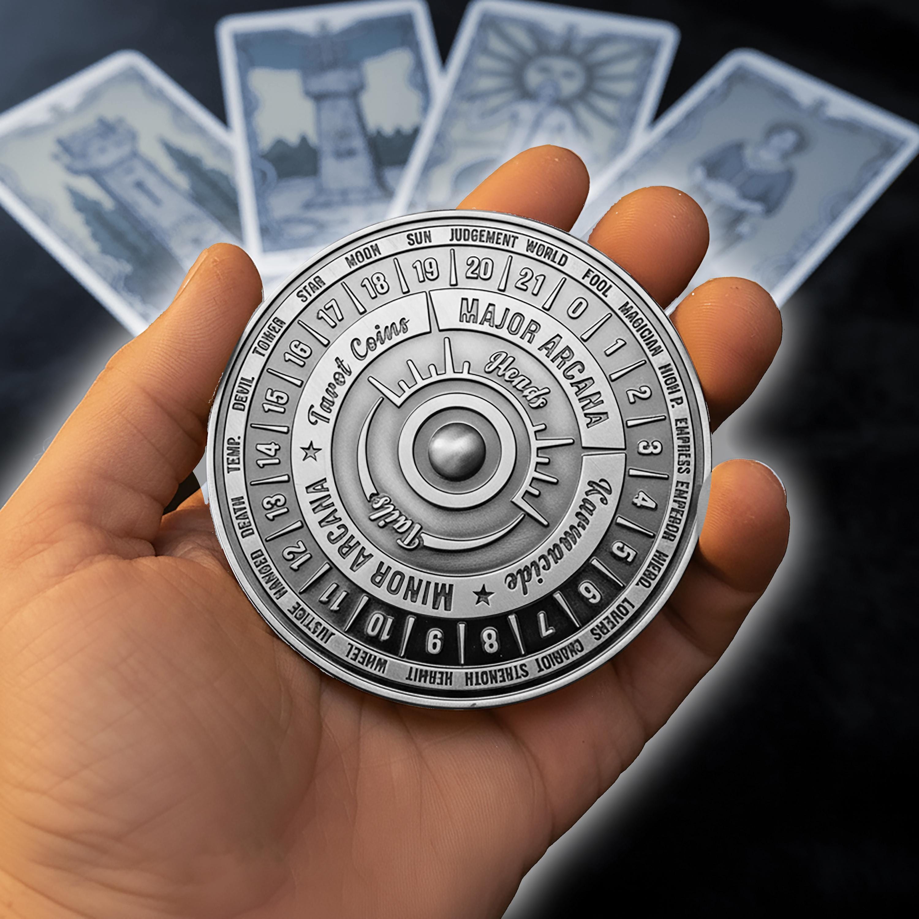 Muntenspel met draaiende tarotschijf: 78 Arcana-kaarten - antiekzilveren  afwerking - Etsy België