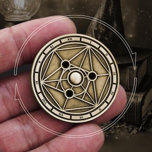Philosopher&#39;s Stone Double Sided Spinning Dice Coin Pendant for Manifestation in Antique Gold, D6, D9 D12