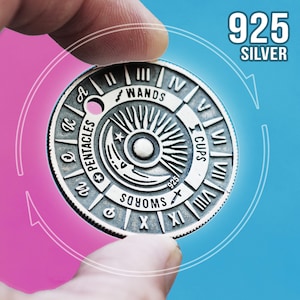 925 Sterling Silver Tarot Coin – Wearable Tarot Deck Divination Tool, Spiritual Jewelry, Wiccan Pagan Witch Gift Unique Fortune Telling Coin