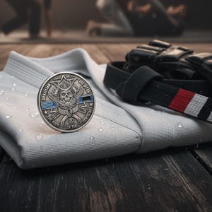 May include: A silver coin with a skull design, the words "Brazilian Jiu Jitsu" and "The Path of the Gentle Art" are visible. The coin rests on a white gi, next to a black belt with a red stripe. The background is a wooden surface.
