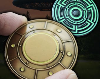 Spinning UFO Challenge Coin that Glows in the Dark - Antique Gold