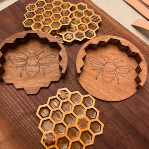 Honey - Bee Coasters - Set of 5 Coasters & Holder - Honeycomb Coasters - Wood Resin Coasters - Bee Decor - Bee Kitchen - Handmade