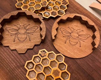 Honey - Bee Coasters - Set of 5 Coasters & Holder - Honeycomb Coasters - Wood Resin Coasters - Bee Decor - Bee Kitchen - Handmade