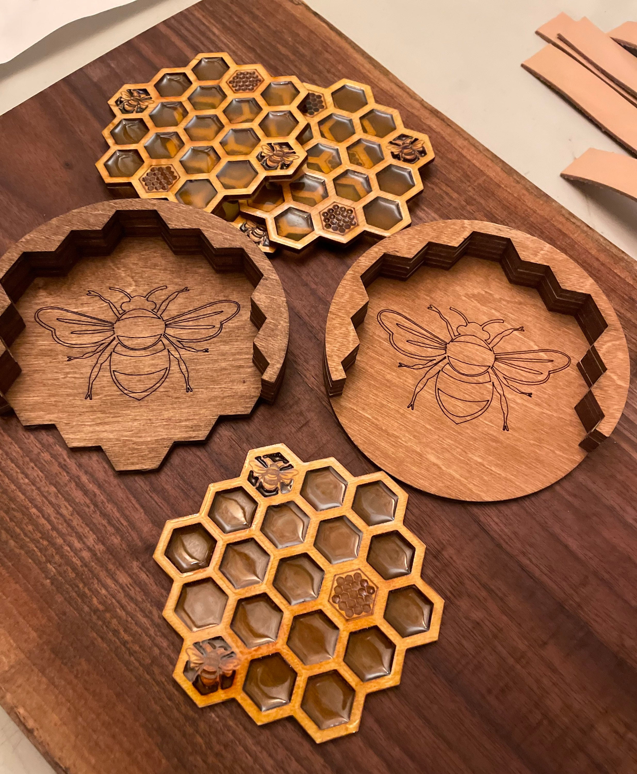 Honey Bee Coasters Set of 4 Coasters & Holder Etsy