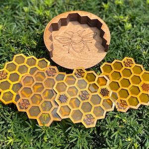 ORIGINAL Handmade Honey Bee Coasters - Set of 4 Coasters & Holder - Honeycomb Coasters - Wood Resin Coasters - Bee Decor - Bee Kitchen