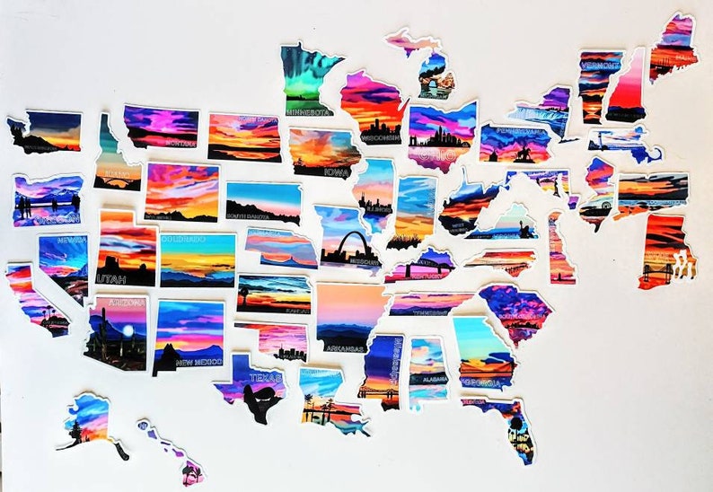 May include: A colourful map of the United States made of individual state stickers. Each state sticker features a scenic sunset landscape with a silhouette of a landmark or natural feature. The stickers are arranged in the shape of the United States.