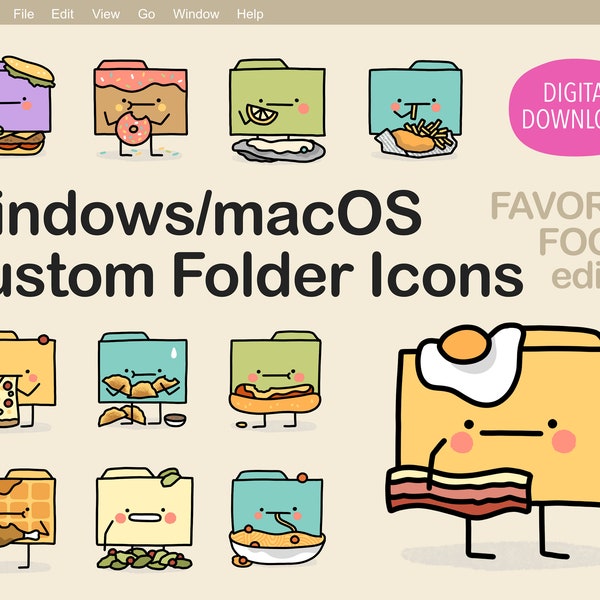 Cute Folder Icons Custom Desktop macOS Windows Home Office Laptop Computer Digital Decoration Favorite Foods Edition