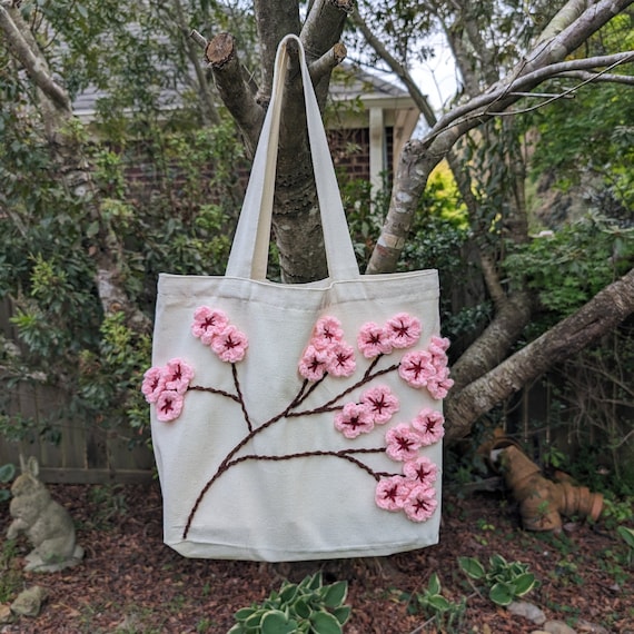 Cherry Blossom Sakura Handmade Floral Crochet Tote Bag