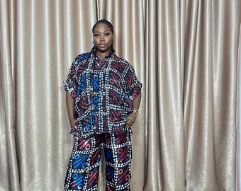 Silk Chiffon Two Piece Set: Handmade Oversized Top & Wide Leg Pants