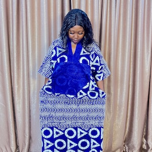 blue and white african print dresses Bandjoun African Dress (White), M