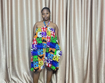 Mono corto de cuello halter estilo Ankara, mono holgado con estampado africano, conjunto ideal para festivales de verano.