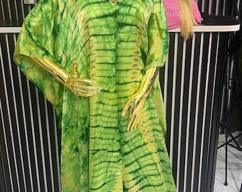 Adire Silk Boubou Dress: Plus Size African Kaftan Gown with Head Tie