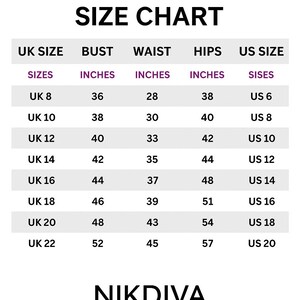 May include: A size chart from Nikdiva Fashion, with a purple logo at the top. The chart lists UK sizes 8-22, with corresponding bust, waist, and hip measurements in inches, and US sizes 6-20. The website is www.nikdivafashion.com.