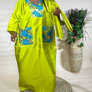 Liquid Mikado Boubou Dress with Brocade – African Kaftan Gown | 62″ Length | Includes Head Tie | Handmade Occasion Wear