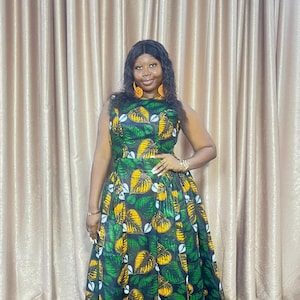 Ankara Maxi Dress with Headwrap: African Print Leaf Pattern, Fully Lined
