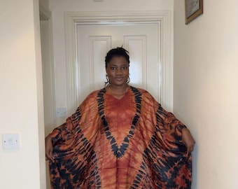 Adire Silk Boubou Dress with Head Tie: Plus Size African Kaftan