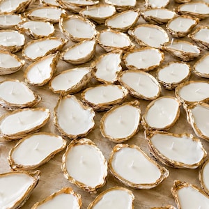May include: A collection of numerous oyster shell candles, each filled with smooth white wax and featuring a single centered wick. The natural exterior of each shell is accented with a metallic gold painted rim, creating a uniform appearance.