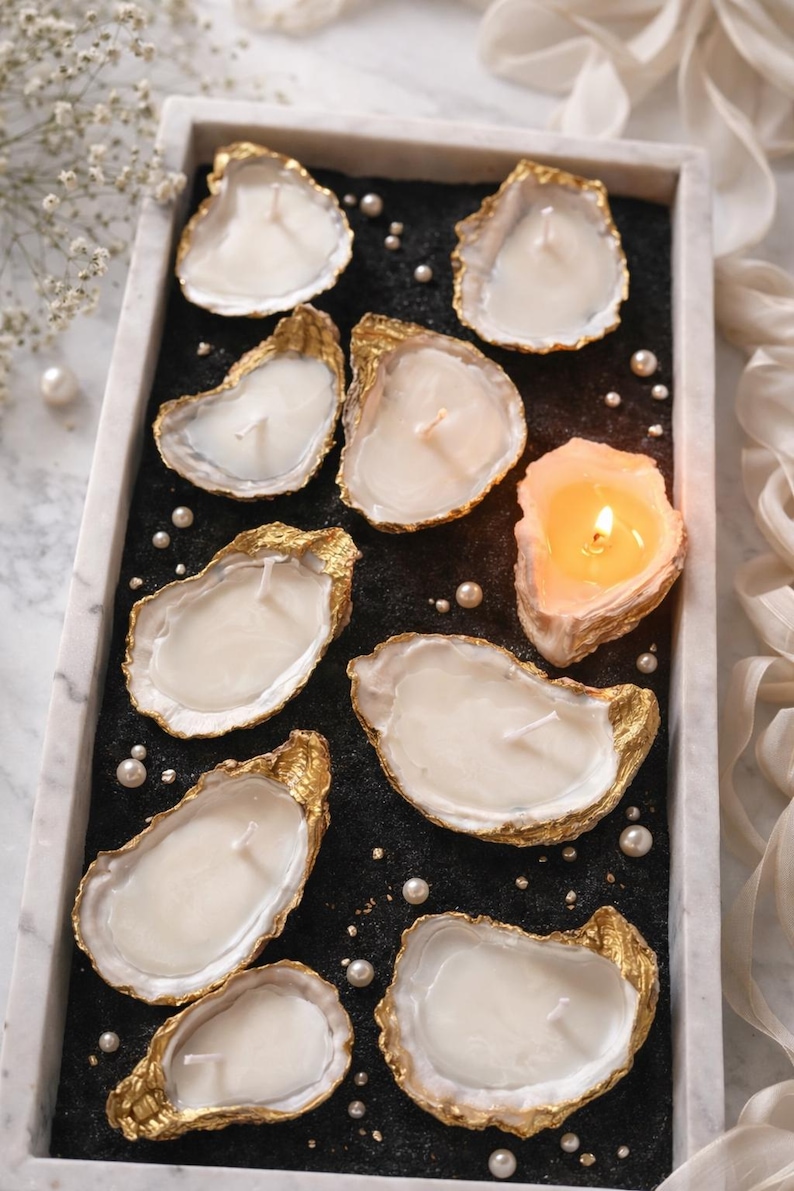 Hand Painted Oyster Shell Candle | Gold Gilded Coastal Decor, Wedding ...