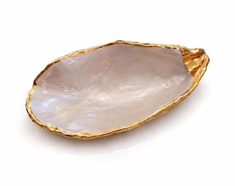 Gold Gilded Oyster Shell Trinket Dish, Coastal Home Decor