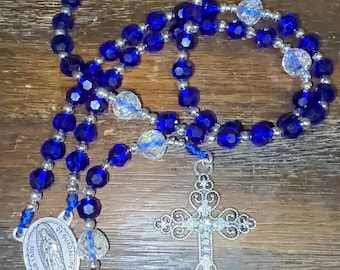 Handmade Blue Catholic Rosary – Our Lady of Guadalupe Rosary – Crystal Prayer Beads – Marian Devotional Gift