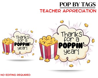Wpadnij po etykietę upominkową, dzięki za Poppin' rok! Etykieta upominkowa dla nauczyciela, marketing szkolny, do wydrukowania, docenianie nauczyciela, koniec roku szkolnego