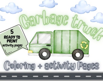 5 kolorowanek śmieciarka dla dzieci - kolorowanki dla dzieci, natychmiastowe pobieranie, strony z aktywnościami, plik PDF do wydrukowania, śmieciarka x