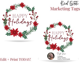 Puede incluir: Etiquetas de marketing inmobiliario navideñas imprimibles con una corona de poinsettia roja y verde con el texto "Felices Fiestas".