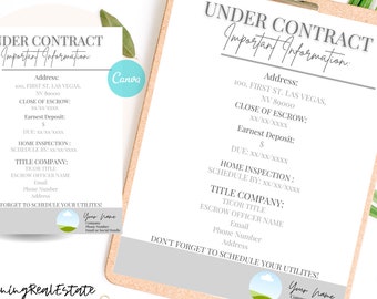 May include: Two printable checklists for real estate transactions. The checklists are titled "Under Contract Important Information" and include fields for address, close of escrow, earnest deposit, home inspection, schedule by, title company, escrow officer name, email, phone number, and address. The checklists have a gray background with a white border and a small graphic of a house with a green lawn and a blue sky.