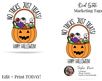 Tag prezentowy Pop By, bez sztuczek, tylko smakołyki, etykieta do druku w nieruchomościach, marketing pośredników w obrocie nieruchomościami, etykiety na Halloween, smakołyki na Halloween