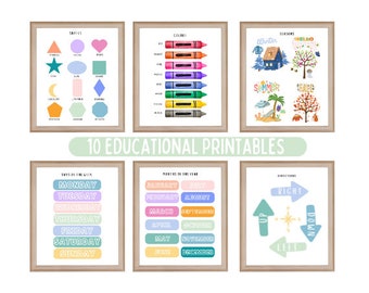 10 edukacyjnych plakatów do druku, 11 wydruków do nauki w domu, wystrój klasy, pokój zabaw dla maluchów, gotowe do druku, kolorowa edukacja, alfabet, kolory