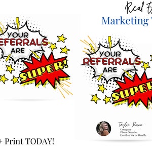Pop By Gift Tag, uw verwijzingen zijn SUPER, afdrukbare onroerend goed tag, makelaar marketing, open huis marketing, Comic Strip tag, superheld