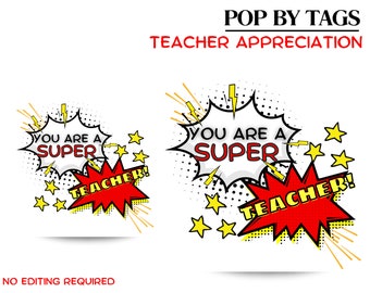 Wpadnij po etykietę upominkową, jesteś SUPER nauczycielem!, Wyrazy wdzięczności dla nauczyciela do wydrukowania, szkoła, koniec roku, etykieta upominkowa, superbohater, pobieranie cyfrowe