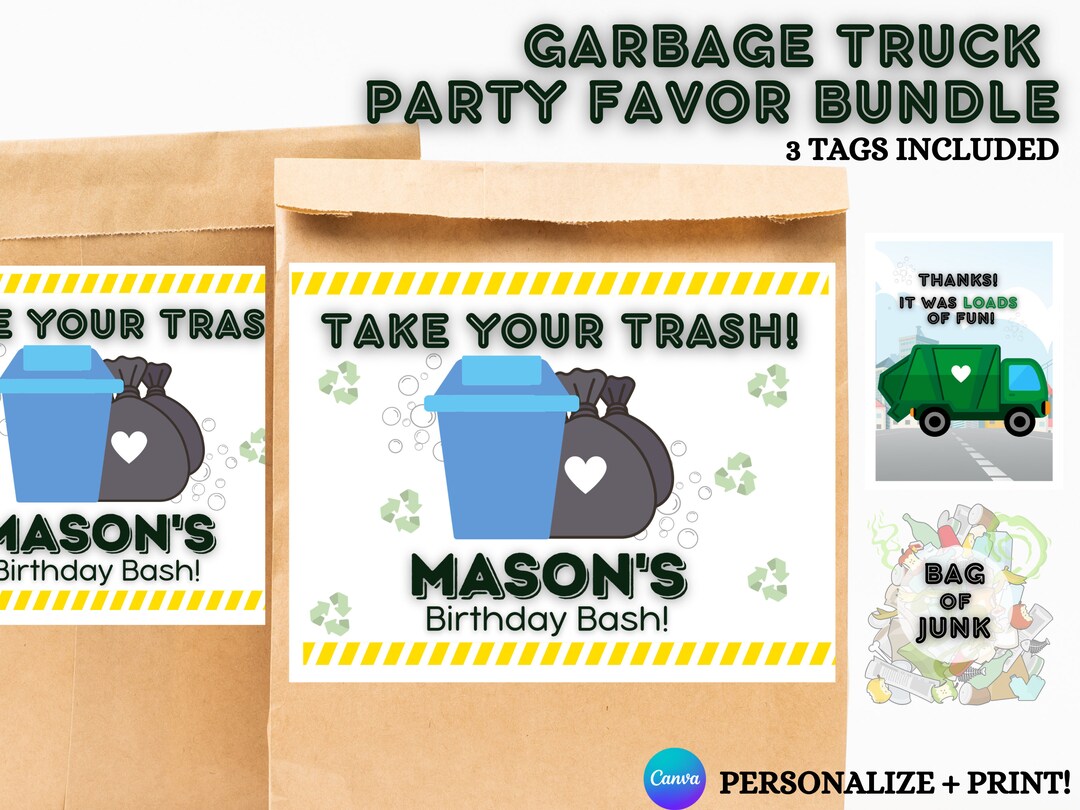 Printable Garbage Truck Birthday Party Favors, Trash Truck Party Gift
