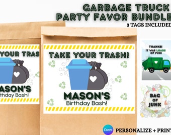 Wydrukowane upominki na przyjęcie urodzinowe z motywem śmieciarki, etykiety na prezenty na przyjęcie z motywem śmieciarki, wyrzucanie wszystkiego, śmieciarka, recykling, 3 etykiety w zestawie!