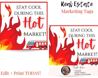 Wpadnij po etykietę upominkową, agent nieruchomości Zachowaj spokój podczas tego gorącego rynku! Etykieta do wydrukowania nieruchomości, marketing nieruchomości
