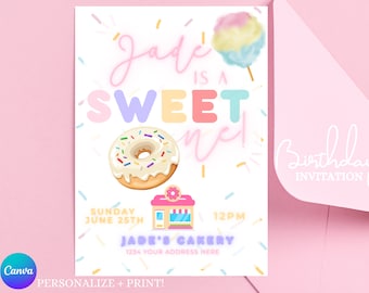Wydrukuj zaproszenie urodzinowe SWEET ONE, cyfrowe pobranie, pierwsze urodziny, słodycze/desery/cukierki, natychmiastowe pobranie, pastelowe kolory