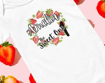 Berry First Birthday Girl Bodysuit, Strawberry Theme, Personalized