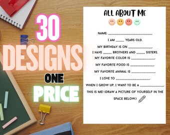 All About Me Worksheet Bundle, 30 Back to School Designs (PDF)