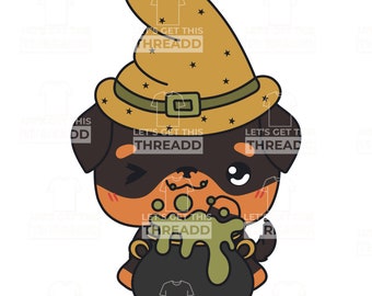Kawaii Halloween Rottweiler PNG, Witch Hat Dog Clipart (Digital Download)