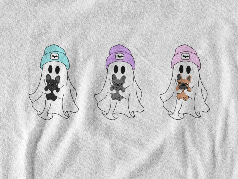 May include: Three cartoon ghosts wearing beanies in blue, purple, and pink, each holding a French bulldog. The ghosts have black eyes and are outlined in black. The beanies have a bat symbol. The image is on a white background.