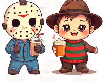 Kawaii Horror Friends PNG, Freddy & Jason Iced Coffee (Digital Download)
