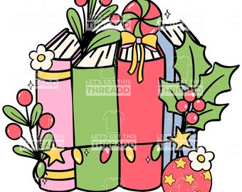 Könnte beinhalten: Ein Stapel von drei bunten Büchern mit einem Zuckerstangen, Stechpalme und einem Stern-Anhänger. Die Bücher haben den Text "Let's get this threadd" auf ihnen.